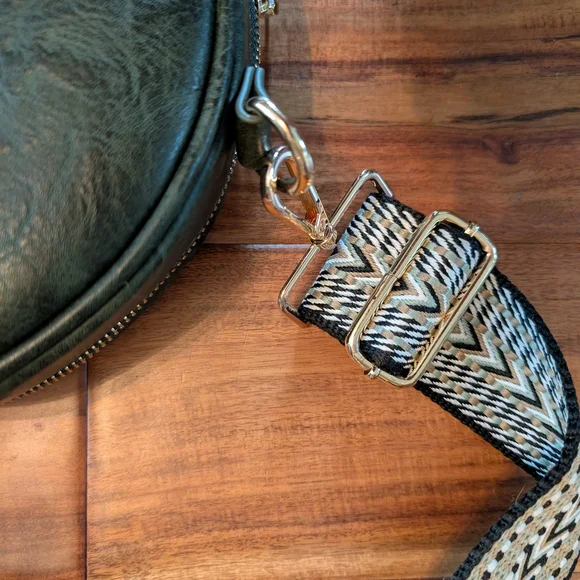 Round Crossbody Bag with Patterned Strap - Picture 2 of 7